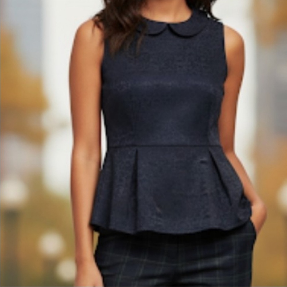 J. CREW Navy Brocade Jacquard Peplum Peter Pan Collar Sleeveless Blouse
